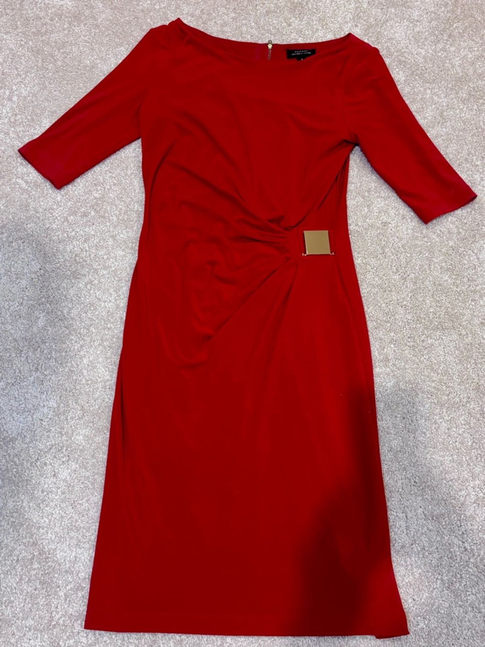 Classic Red Midi Dress with Side Drape and Gold Accent